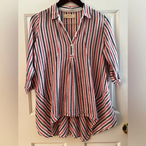ISABELLA SINCLAIR Anthropologie S Boho Coast LINEN Candy Stripe Hankie Hem CLEAN - Picture 2 of 11
